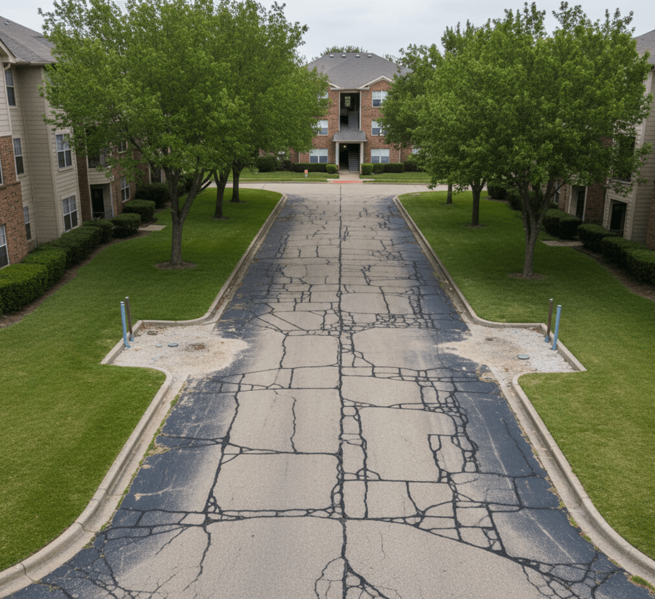 Apartment driveway with potholes before paving in Spring Texas