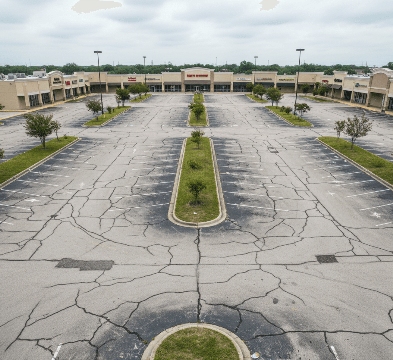 Baytown shopping plaza lot before resurfacing with milling equipment