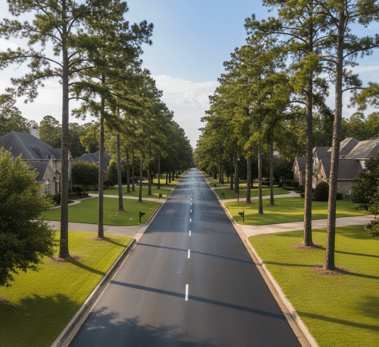 Smooth asphalt street after resurfacing in The Woodlands community