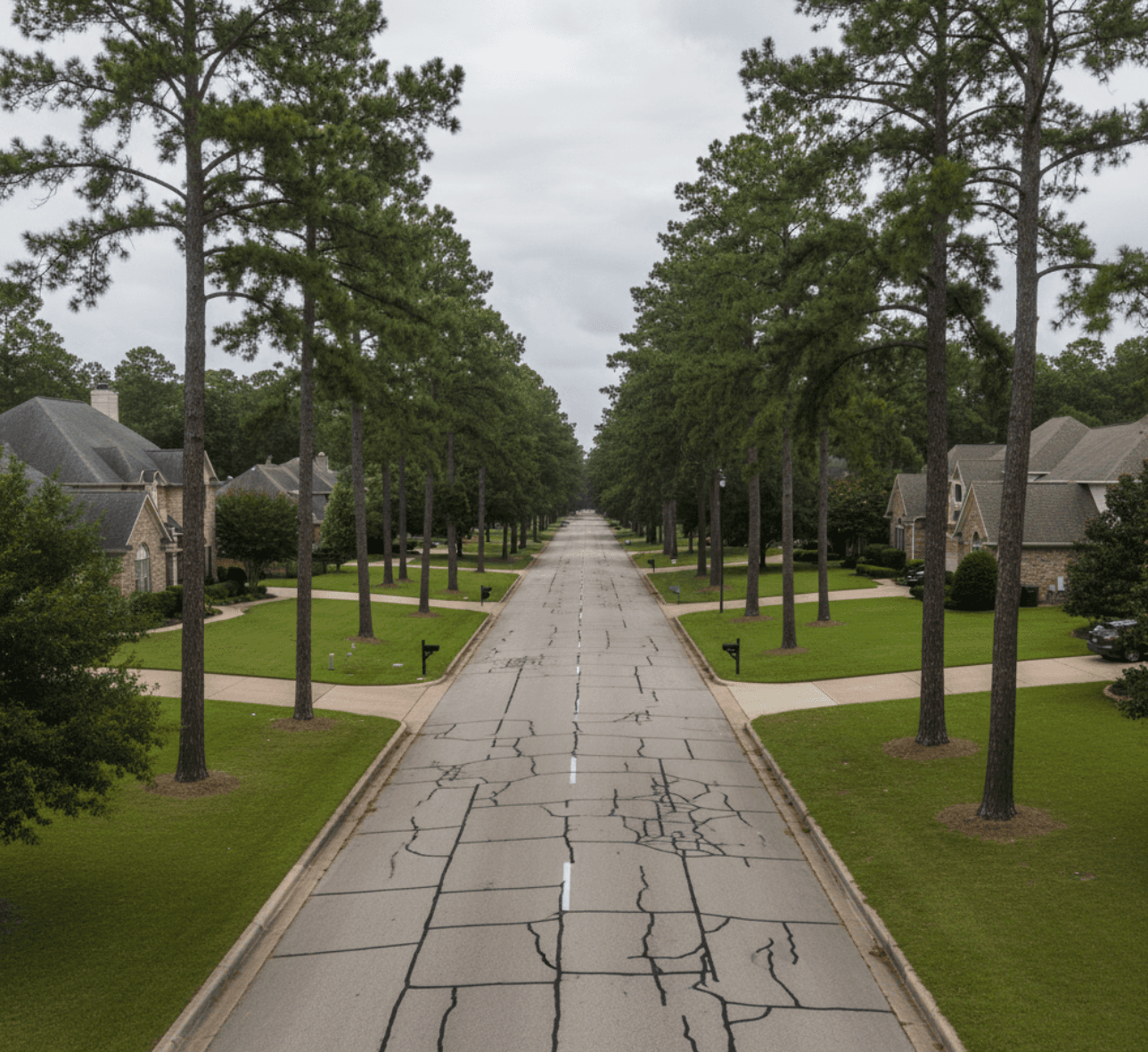Private street with potholes before overlay in The Woodlands