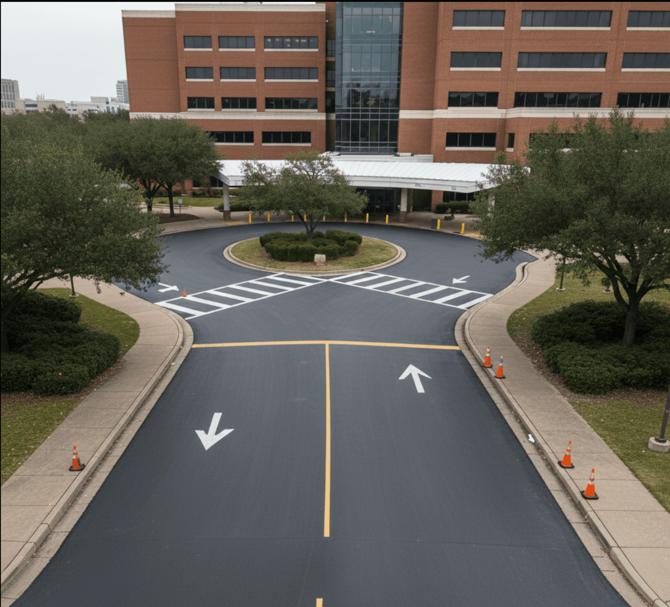 Newly paved hospital emergency loop with striping in Houston Medical Center