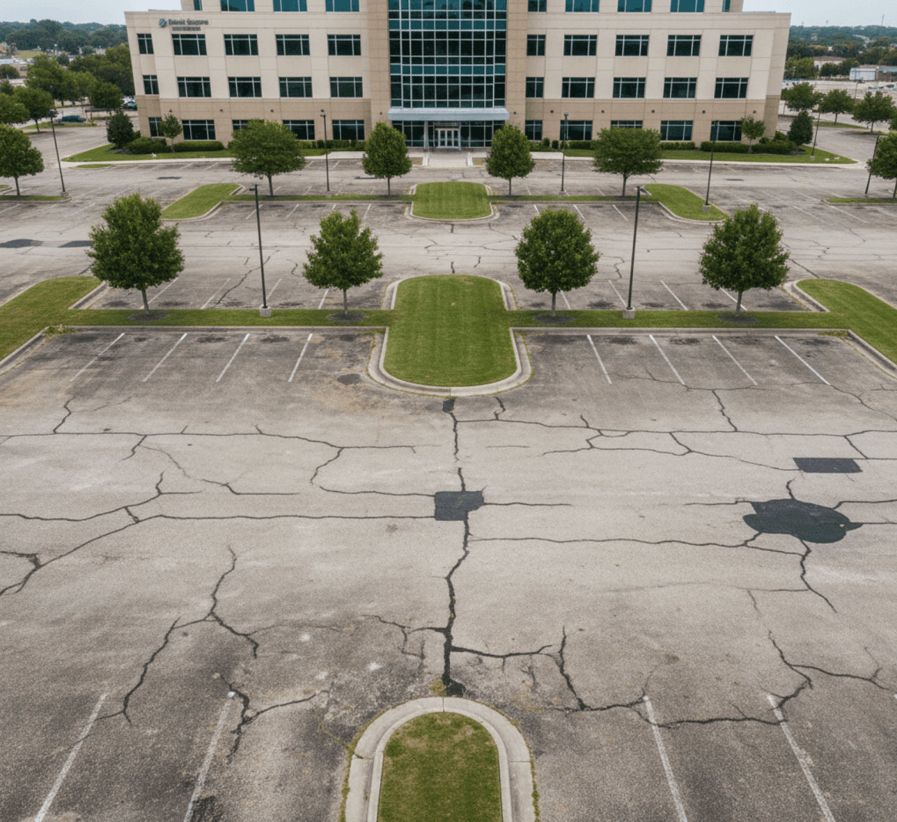Faded parking lot stripes at medical campus before sealcoat in Sugar Land