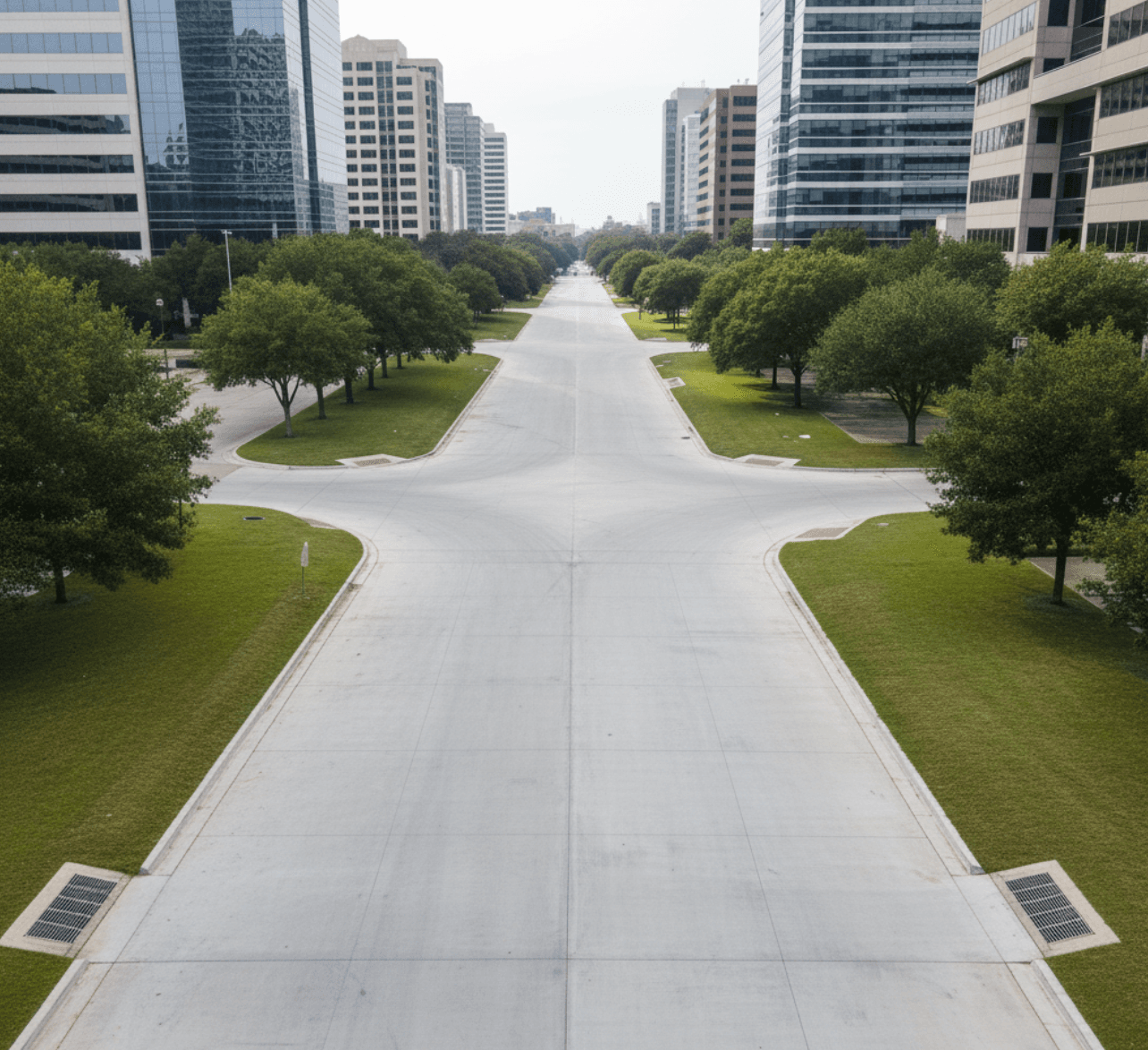 Dry office park drive with new asphalt and drains in Houston