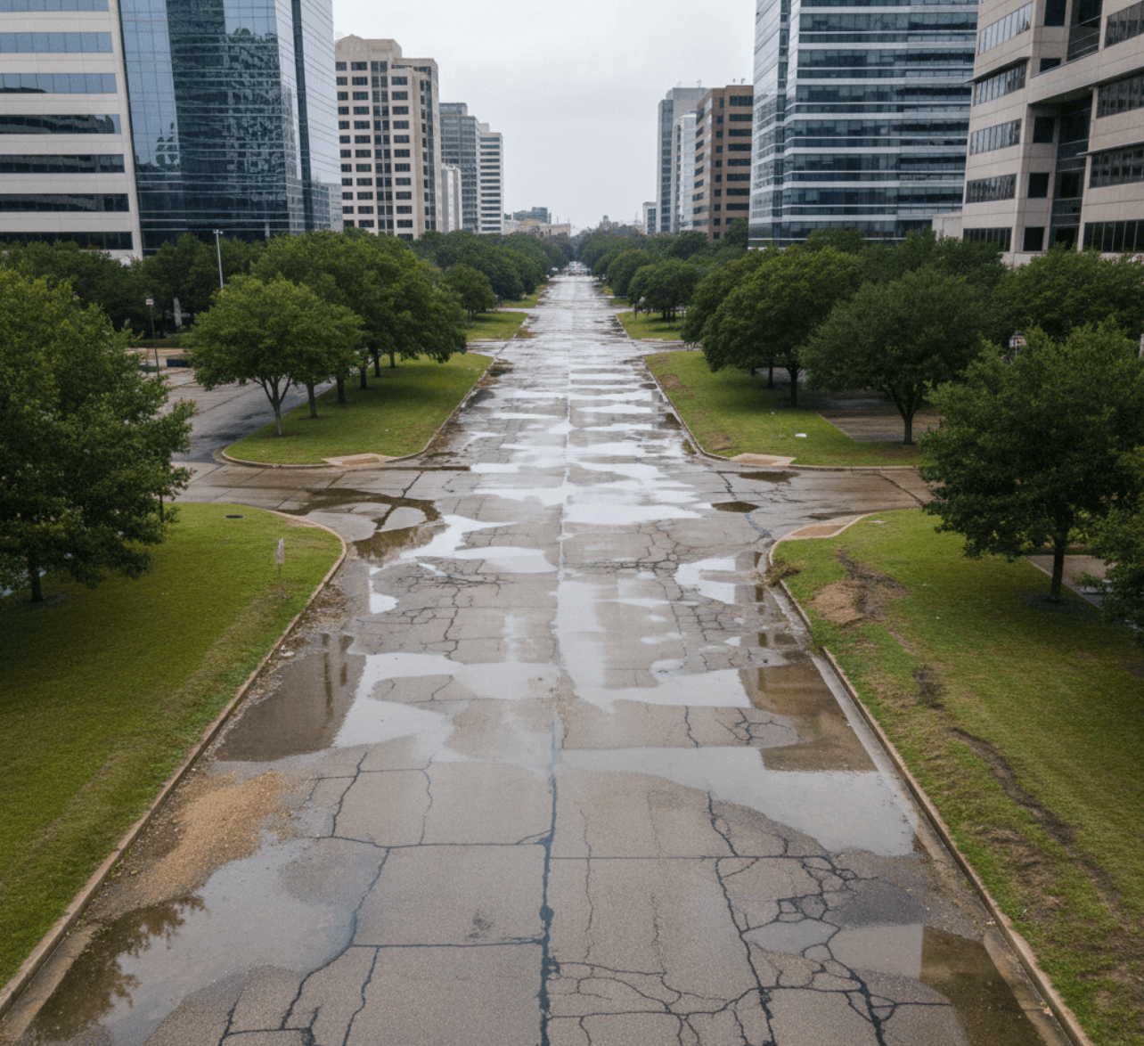 Standing water near office park curb before drainage fix in Houston